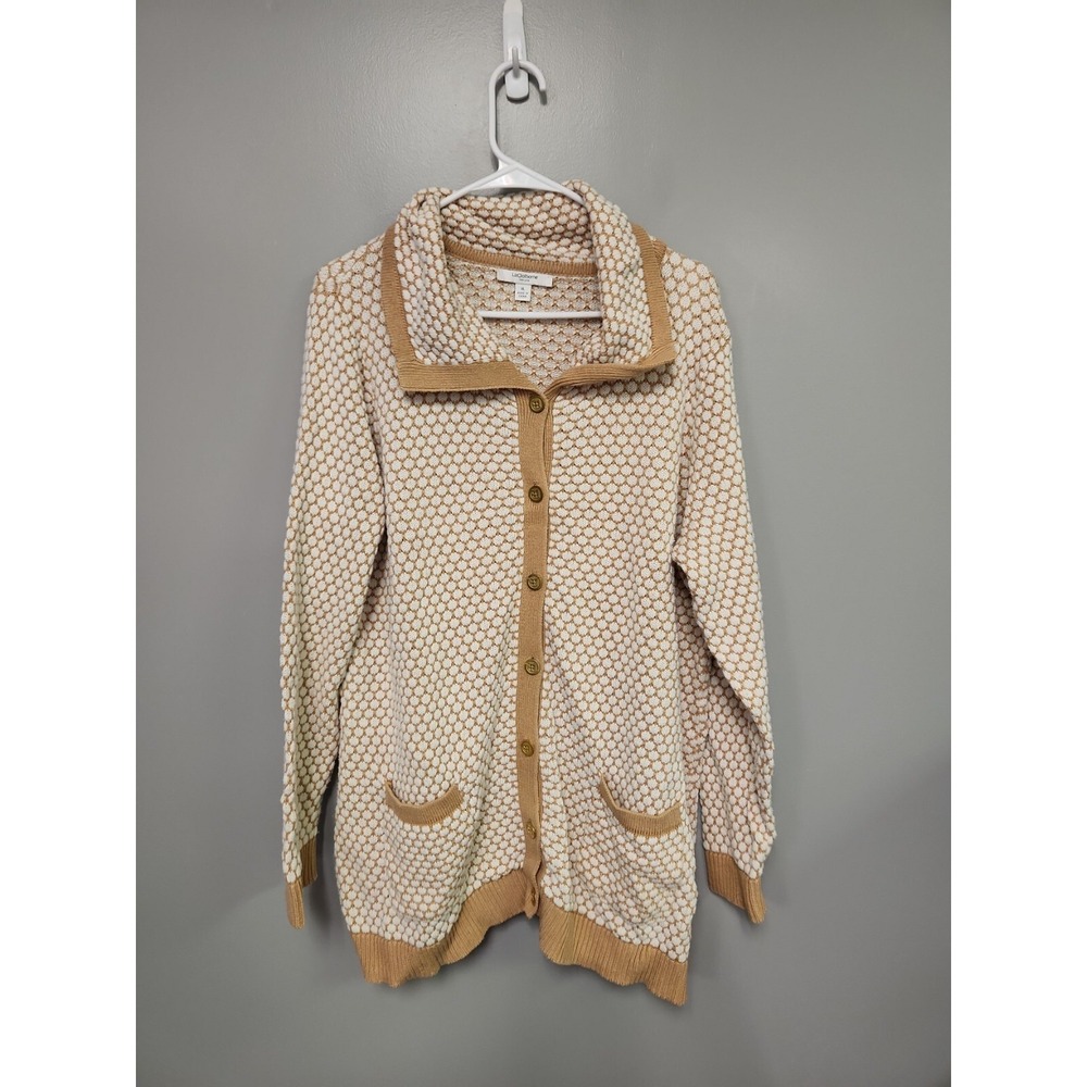 Liz Claiborne New York Tan White Honeycomb Knit Cardigan Sweater Women XL Cotton